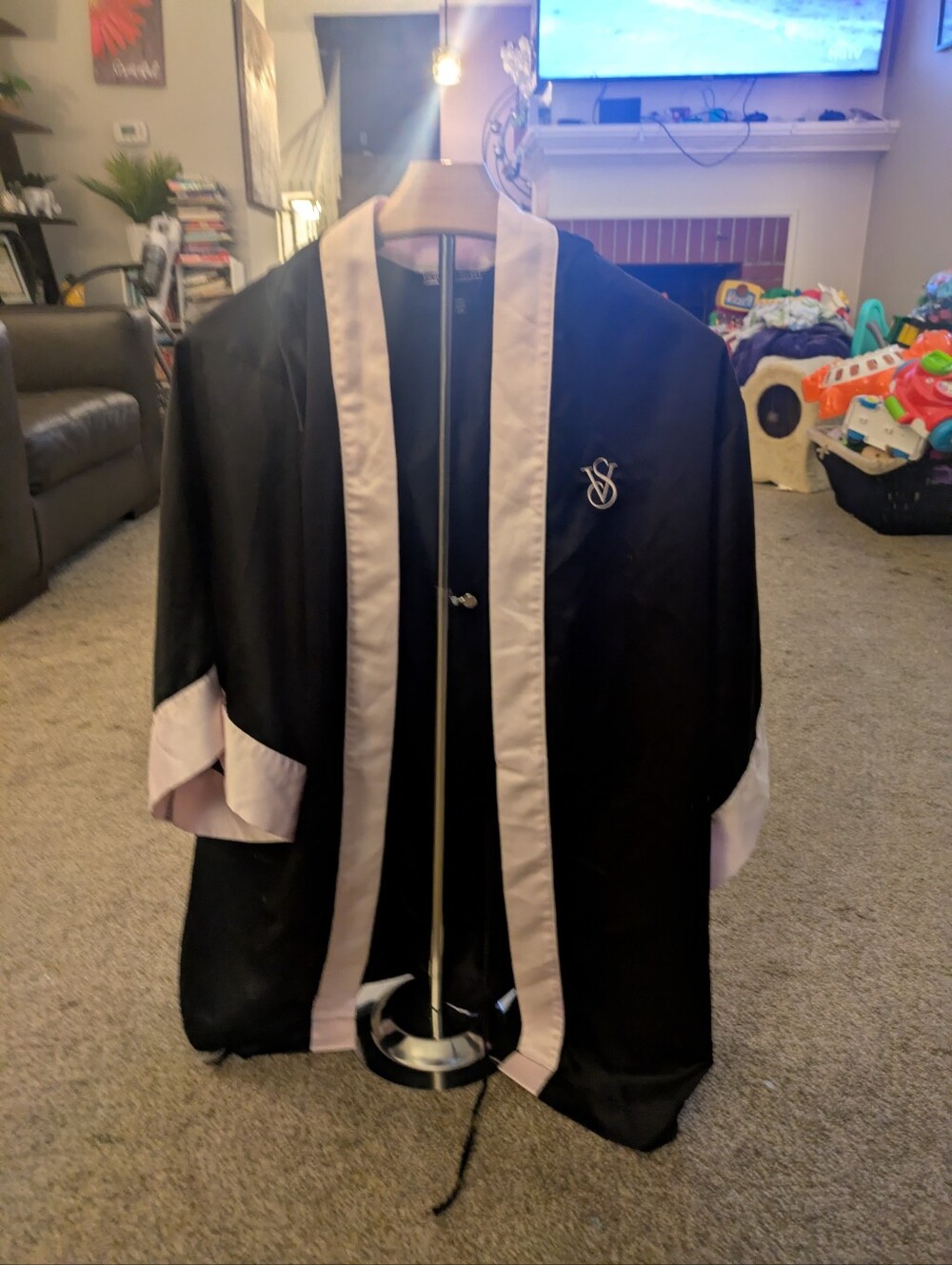 Victoria's Secret Black Satin Kimono Robe with Light Pink Trim